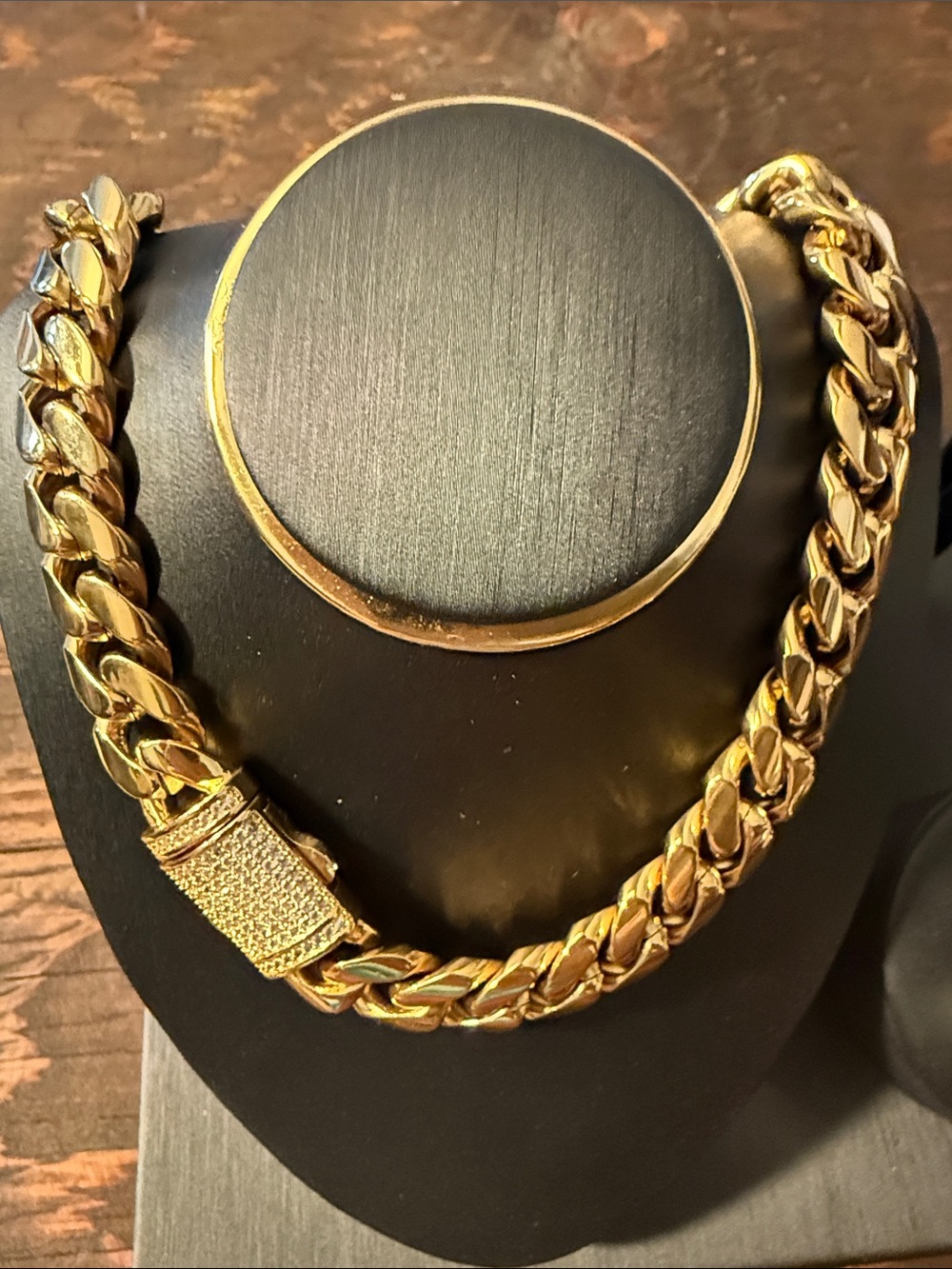 Gold Plated Chain Necklace with Pavé Clasp - Men's Accessory 18”